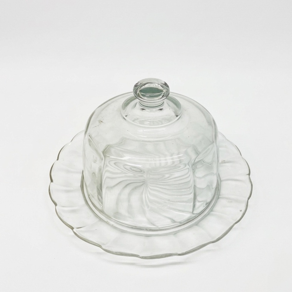 VINTAGE Depression Glass Clear Glass Swirl Cheese Dome Scalloped Plate MCM 1940s